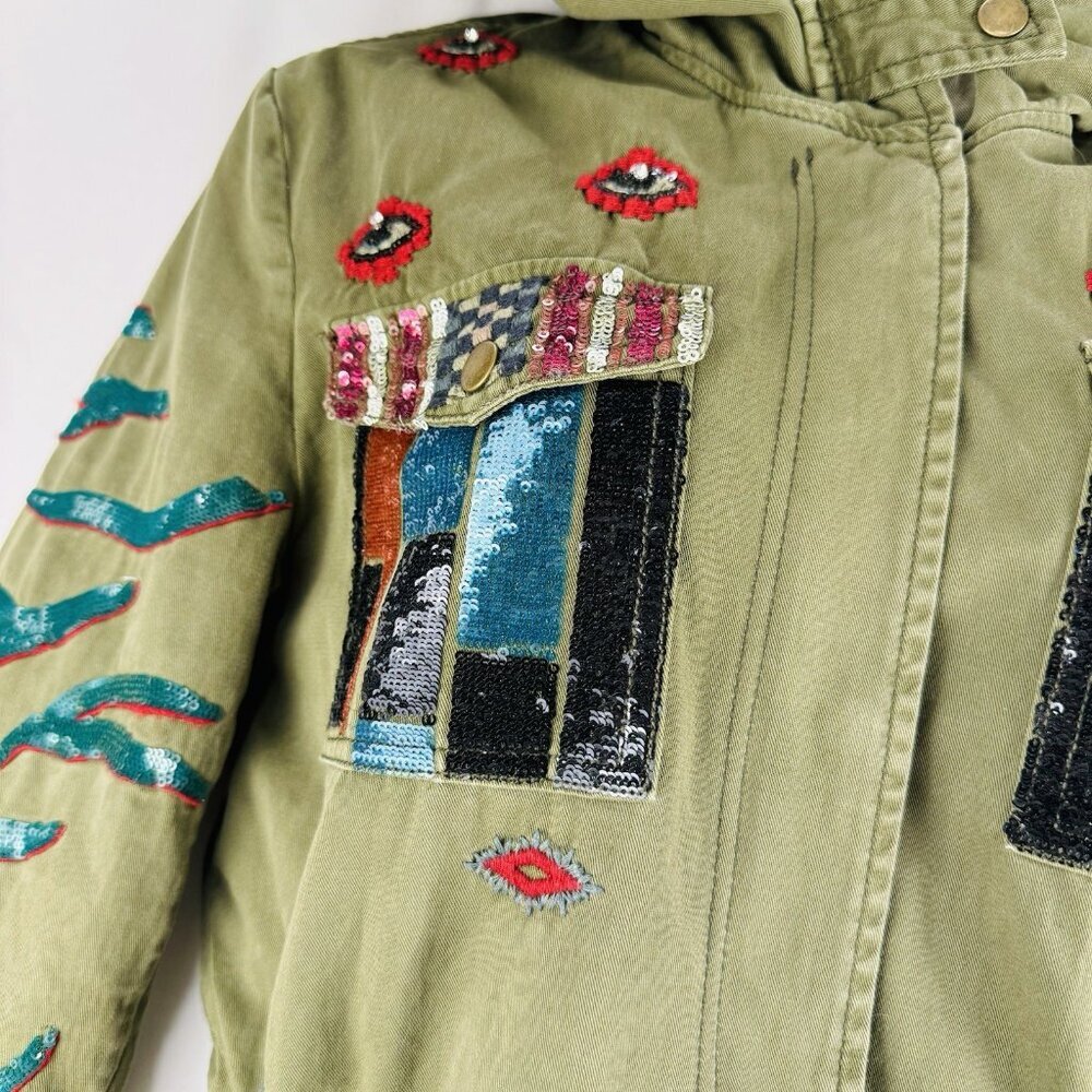 NWT Desigual Flix 2 In 1 Military Parka Jacket Sequins Size 32 Detach Line Small - Picture 4 of 16